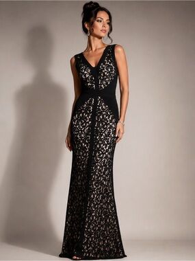 TADASHI SHOJI Lace & Jersey Black White Formal Black Tie Evening Gown Sz 8